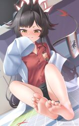 Rule 34 | 1girl, absurdres, barefoot, black hair, blue archive, blush, demon tail, feet, highres, horns, kasumi (blue archive), light smile, long hair, looking at viewer, maozi dan, soles, tail, toes, yellow eyes