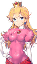 Rule 34 | 1girl, blonde hair, blue eyes, blush, bodysuit, breasts, covered erect nipples, covered navel, crown, earrings, elbow gloves, gloves, hand on own hip, impossible clothes, jewelry, long hair, looking at viewer, mario (series), nagase haruhito, nintendo, pink bodysuit, princess peach, puffy short sleeves, puffy sleeves, shiny clothes, short sleeves, simple background, skin tight, small breasts, smile, solo, white background, white gloves