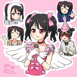 Rule 34 | 10s, 1girl, artist name, basukechi, black hair, black thighhighs, blazer, blush, bow, bowtie, brown jacket, buttons, cardigan, choker, confetti, dress, dual persona, earrings, female focus, frills, full body, glasses, gloves, hair bow, highres, jacket, jewelry, long sleeves, looking at viewer, love live!, love live! school idol festival, love live! school idol project, microphone, pink background, pink dress, pinstripe pattern, pleated skirt, pout, red bow, red dress, red eyes, school uniform, shadow, shirt, short hair, short twintails, skirt, smile, solo, standing, striped clothes, striped thighhighs, thighhighs, towel, towel on head, twintails, vertical-striped clothes, vertical-striped thighhighs, white gloves, white shirt, wings, yazawa nico, zettai ryouiki