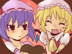 Rule 34 | 2girls, ascot, blush, candy, chocolate, chocolate heart, closed eyes, fang, female focus, flandre scarlet, food, food on face, hat, heart, mob cap, multiple girls, open mouth, pink hat, remilia scarlet, short sleeves, siblings, sisters, toto (hitori othello), touhou, upper body, valentine, wings