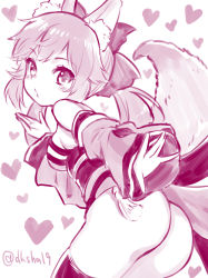 Rule 34 | 10s, 1girl, animal ears, ass, bare shoulders, blush, bow, breasts, cowboy shot, detached sleeves, fate/extra, fate (series), foreshortening, fox ears, fox tail, hair bow, heart, kase daiki, looking at viewer, looking back, no panties, outstretched hand, sketch, solo, tail, tamamo no mae (fate/extra), tareme, thighhighs, twitter username