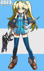 Rule 34 | 1girl, blonde hair, blue eyes, blue thighhighs, clarissa arwin, closed mouth, coat, full body, gloves, green eyes, gun, hairband, holding, holding gun, holding weapon, long hair, looking at viewer, low-tied sidelocks, sasaki tomomi, shoes, sidelocks, skirt, smile, solo, thighhighs, twintails, weapon, white gloves, wild arms, wild arms xf