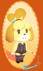 Rule 34 | 1girl, animal crossing, animal ears, bare shoulders, bell, black eyes, black panties, black thighhighs, blonde hair, blush stickers, bustier, closed mouth, corset, dog ears, dog girl, dog tail, female focus, fishing rod, flat chest, full body, furry, furry female, hair bell, hair ornament, hair tie, happy, hecticarts, highres, holding, isabelle (animal crossing), jingle bell, lingerie, looking at viewer, nintendo, panties, short hair, smile, solo, standing, strapless, super smash bros., tail, thighhighs, topknot, underwear, underwear only