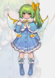Rule 34 | 1girl, :3, absurdres, alternate costume, blue capelet, blue coat, blue footwear, boots, bow, capelet, closed mouth, coat, commentary request, cross-laced footwear, daiyousei, fairy wings, full body, fur-trimmed coat, fur trim, green eyes, green hair, hair bow, hand up, highres, lips, long hair, long sleeves, looking at viewer, pom pom (clothes), qiu ju, side ponytail, smile, solo, touhou, wings, winter clothes, yellow bow, zoom layer