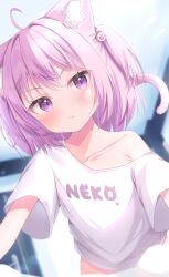 Rule 34 | 1girl, animal ear fluff, animal ears, cat ears, cat girl, cat tail, fang, fang out, highres, looking at viewer, matchanear, naked shirt, off shoulder, original, pink eyes, pink hair, shirt, short hair, short sleeves, skin fang, tail, two side up, white shirt