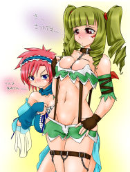 Rule 34 | 2girls, alternate costume, alternate hairstyle, bare shoulders, blue eyes, breasts, brown eyes, chain, cleavage, collar, collarbone, cosplay, costume switch, drill hair, female focus, fingerless gloves, gloves, gothic lolita, green hair, groin, large breasts, lolita fashion, maid headdress, multiple girls, oozora migiri, pink hair, short hair, standing, succubus manabe, thighs, translation request, twintails, utu8, wrestle angels, wrestle angels survivor, wrestle angels survivor 2