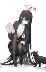 Rule 34 | 1girl, absurdres, animal, black footwear, black hair, black pantyhose, black skirt, blue archive, bright pupils, cat, ddungddang, formal, hair ornament, hairpin, halo, highres, id card, long hair, long sleeves, pantyhose, red eyes, rio (blue archive), shoes, simple background, skirt, solo, suit, sweater, white background, white pupils, white sweater