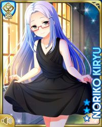 Rule 34 | 1girl, bare shoulders, beads, black dress, blue eyes, blue hair, card (medium), closed mouth, clothes lift, collarbone, dress, dress lift, evening gown, girlfriend (kari), glasses, hair ornament, hairpin, jewelry, kiryuu noriko, long hair, matching hair/eyes, necklace, night, official art, outdoors, qp:flapper, red-framed eyewear, smile, solo