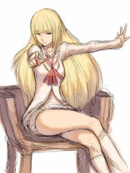 Rule 34 | 1girl, blonde hair, emilie de rochefort, foreshortening, fumio (rsqkr), crossed legs, long hair, outstretched arm, pointing, pointing at viewer, ribbon, sitting, sketch, solo, tekken, thighs