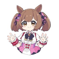 Rule 34 | 1girl, animal ears, black bow, blush, bow, breasts, brown eyes, brown hair, center frills, closed mouth, collared shirt, commentary request, frills, hair bow, hands up, highres, horse ears, medium breasts, nozo (hitomiz), pink bow, pink skirt, pleated skirt, puffy short sleeves, puffy sleeves, purple bow, shirt, short sleeves, simple background, skirt, smart falcon (umamusume), smile, solo, suspender skirt, suspenders, twintails, umamusume, white background, white shirt, wrist cuffs