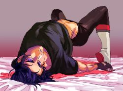 Rule 34 | 1boy, arched back, black gloves, black hair, black shirt, boots, fingerless gloves, gloves, hip focus, hyakujuu-ou golion, iria59, keith (voltron), looking at viewer, male focus, midriff, on bed, parted lips, purple eyes, shirt, shoes, short sleeves, solo, voltron: legendary defender, voltron (series), white footwear