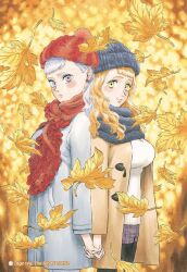 Rule 34 | 2girls, autumn leaves, back-to-back, beanie, black clover, black headwear, black scarf, blush, breasts, brown coat, coat, earrings, english text, grey coat, grey hair, hat, highres, holding hands, jewelry, large breasts, leaf, long hair, maple leaf, mimosa vermillion, multiple girls, noelle silva, official alternate costume, official art, open clothes, open coat, orange hair, pom pom (clothes), pom pom beanie, purple eyes, red beanie, red headwear, red scarf, scarf, shirt, smile, tabata yuuki, third-party source, white shirt