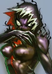 Rule 34 | 1girl, absurdres, claws, highres, hood, hood up, looking at viewer, mania (marvel), marvel, minew, no pupils, sketch, solo, symbiote, toned, upper body, white eyes, wiping mouth