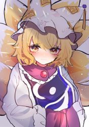 Rule 34 | 1girl, animal ears, animal hat, blonde hair, blush, breasts, chikuwa (tikuwaumai ), commentary request, dress, fox ears, fox tail, frills, hands in opposite sleeves, hat, highres, large breasts, light particles, long sleeves, looking at viewer, mob cap, multiple tails, rainbow, short hair, solo, tabard, tail, tassel, touhou, upper body, wavy mouth, white background, white dress, yakumo ran, yellow eyes
