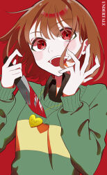 Rule 34 | 1other, :d, a13amp, androgynous, black undershirt, blood, bloody knife, blush, blush stickers, bob cut, brown hair, chara (undertale), close-up, collared shirt, commentary, copyright name, crazy smile, gold necklace, green sweater, hair between eyes, hair over eyes, hand on own face, heart, heart necklace, highres, holding, holding knife, holding weapon, jewelry, knife, locket, looking at viewer, messy hair, necklace, open mouth, pendant, portrait, red background, red eyes, reverse grip, ringed eyes, shirt, short hair, simple background, single horizontal stripe, smile, sweater, two-tone sweater, undertale, upper body, weapon, wide-eyed, yellow sweater