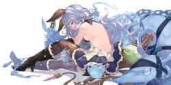 Rule 34 | 1girl, animal ears, back, bare back, beppo (granblue fantasy), black footwear, blue hair, blue skirt, boots, breasts, brown thighhighs, chain, coffee1223, erune, ferry (granblue fantasy), from behind, fugee (granblue fantasy), geegee (granblue fantasy), granblue fantasy, highres, long hair, looking at viewer, looking back, medium breasts, momo (granblue fantasy), nicola (granblue fantasy), sideboob, simple background, sitting, skirt, thighhighs, thighs, white background