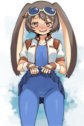 Rule 34 | 1girl, absurdres, animal ears, blue unitard, bob cut, breasts, brown hair, clothes, clothes lift, commentary request, cowboy shot, fingerless gloves, gloves, goggles, goggles on head, highres, jacket, looking at viewer, makihara arina, muramasa mikado, nervous smile, open clothes, open jacket, pleated skirt, rabbit ears, short hair, simple background, skirt, skirt lift, smile, solo, sweatdrop, waku waku 7, white jacket