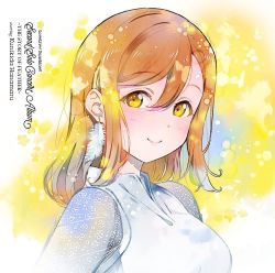 Rule 34 | 1girl, artist name, artist request, bare shoulders, blush, bow, breasts, brown eyes, brown hair, close-up, dress, earrings, feather earrings, feathers, female focus, hair between eyes, jewelry, kunikida hanamaru, light brown hair, long hair, long sleeves, looking at viewer, love live!, love live! school idol festival, love live! sunshine!!, medium breasts, parted lips, plaid, plaid dress, pleated, pleated dress, see-through, see-through sleeves, smile, solo, the story of feather (love live!), upper body, white background, white bow, white dress, wing collar, yellow eyes