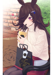 Rule 34 | 1girl, absurdres, alternate costume, animal ears, bag, bench, blue flower, brick wall, brown hair, casual, cup, drink, drinking, drinking straw, drinking straw in mouth, flower, hair over one eye, handbag, heart, highres, holding, holding cup, holding drinking straw, horse ears, horse girl, inui (inuiw ), long hair, long sleeves, outdoors, pantyhose, paper bag, purple eyes, rice shower (umamusume), shopping bag, sitting, skirt, solo, sweater, symbol in eye, turtleneck, turtleneck sweater, umamusume