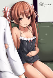 Rule 34 | 10s, 1boy, 1girl, admiral (kancolle), arm grab, artist name, bare arms, black dress, blush, bow, breasts, brown hair, cleavage, collarbone, couch, dark skin, dress, fuyu mi, hair bow, hand on own stomach, indoors, kantai collection, libeccio (kancolle), long hair, long sleeves, panties, pantyshot, parted lips, red eyes, sitting, sleeveless, sleeveless dress, small breasts, smile, solo focus, striped bow, striped clothes, striped panties, thighs, twintails, underwear, uniform, very long hair