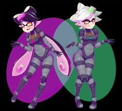 Rule 34 | + +, 2girls, absurdres, black background, black hair, blush, body armor, breasts, callie (splatoon), closed mouth, domino mask, earrings, fang, fangs, full body, glitchynpc, gradient hair, green hair, hair ornament, highres, jewelry, knees together feet apart, long hair, marie (splatoon), mask, medium breasts, mole, mole under eye, multicolored hair, multiple girls, nintendo, open mouth, pointy ears, short hair, smile, splatoon (series), standing, tentacle hair, thick eyebrows, tongue, white hair, yellow eyes