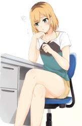 Rule 34 | 1girl, bare legs, blonde hair, brown hair, chair, collarbone, crossed legs, green eyes, halterneck, holding, holding pencil, looking to the side, miniskirt, miyamori aoi, multicolored hair, office chair, pencil, roots (hair), shirobako, shirt, short hair, short sleeves, simple background, sitting, skirt, solo, squiggle, swivel chair, tahita1874, two-tone hair, white background, white sleeves, yellow skirt