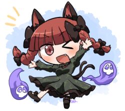 Rule 34 | &gt; o, 1girl, animal ears, black bow, black footwear, blue background, bow, braid, cat ears, cat girl, cat tail, commentary request, dress, fang, full body, green dress, hair bow, hitodama, kaenbyou rin, looking at viewer, medium hair, multiple tails, nekomata, one eye closed, open mouth, red eyes, red hair, rokugou daisuke, side braids, signature, solo, tail, touhou, twin braids, two tails