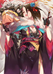 Rule 34 | 1girl, :o, black gloves, black hair, black kimono, boar, breasts, chinese new year, cleavage, floral print, flower, fur trim, gloves, hair flower, hair ornament, hand up, horns, japanese clothes, kimono, mask, ohland, oni, oni horns, open mouth, original, red eyes, solo, standing, wide sleeves