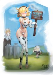 Rule 34 | 3girls, ^ ^, absurdres, animal costume, animal ears, animal print, audrey dreamweaver, bell, bikini, blonde hair, blush, boots, breasts, chibi, cleavage, closed eyes, cow costume, cow ears, cow horns, cow print, cow print bikini, cowbell, crossover, drinking, elbow gloves, embarrassed, english text, fake horns, flying sweatdrops, full body, future princess, gloves, green eyes, guardian tales, hair over one eye, hairband, highres, horns, large breasts, last origin, little princess (guardian tales), milk, milk churn, multiple girls, navel, neck bell, placard, print bikini, seo (tqhgud016), short hair, sign, silver hair, solo, swimsuit, thigh boots, thighhighs, thumbs up