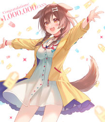 Rule 34 | 1girl, :3, animal collar, animal ears, blush, bone hair ornament, bracelet, braid, brown eyes, brown hair, buttons, cartoon bone, collar, cowboy shot, dog ears, dog girl, dog tail, dress, fangs, fukahire (ruinon), hair between eyes, hair ornament, hairclip, highres, hololive, inugami korone, inugami korone (1st costume), jacket, jewelry, long hair, low twin braids, outstretched arms, red collar, short dress, solo, spread arms, standing, tail, twin braids, virtual youtuber, white background, white dress, wristband, yellow jacket