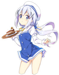 Rule 34 | 10s, 1girl, alternate hairstyle, beret, blue dress, blue eyes, blue hair, blush, board game, cake, cake slice, closed mouth, commentary request, cosplay, dress, food, gochuumon wa usagi desu ka?, hair between eyes, hair ornament, hat, hatsunatsu, hinatsuru ai, hinatsuru ai (cosplay), holding, holding tray, kafuu chino, layered sleeves, long hair, long sleeves, looking at viewer, low twintails, plate, puffy short sleeves, puffy sleeves, ryuuou no oshigoto!, school uniform, shogi, short over long sleeves, short sleeves, sidelocks, simple background, solo, tray, twintails, very long hair, white background, white hat, x hair ornament, yellow neckwear