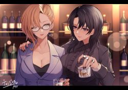 Rule 34 | 2girls, black hair, black nails, blonde hair, blush, breasts, cleavage, closed mouth, collarbone, collared shirt, commentary request, commission, cup, drink, frills, glasses, hand on another&#039;s shoulder, highres, jewelry, large breasts, long sleeves, looking at another, multiple girls, nail polish, one eye closed, original, parted lips, pnatsu, shirt, skeb commission, smile, yuri