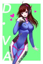 Rule 34 | 1girl, acronym, ahoge, animal print, armor, bodysuit, boots, bracer, breasts, brown eyes, brown hair, character name, cowboy shot, d.va (overwatch), emblem, facepaint, facial mark, gloves, hand on own chest, hand up, headphones, heart, large breasts, legs together, lipstick, logo, long hair, long sleeves, looking at viewer, makeup, md5 mismatch, open mouth, overwatch, overwatch 1, pauldrons, phonic, pilot suit, pink lips, rabbit print, ribbed bodysuit, shoulder armor, shoulder pads, skin tight, smile, solo, thigh boots, thigh gap, thigh strap, thighhighs, turtleneck, whisker markings, white footwear, white gloves