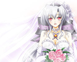 Rule 34 | 1girl, bouquet, bow, breasts, cleavage, dress, elbow gloves, flower, gloves, hair bow, hair flower, hair ornament, jewelry, large breasts, long hair, looking at viewer, nanatsuki (arca-nize), open mouth, pendant, red eyes, smile, solo, sparkle, upper body, veil, vocaloid, wedding dress, white hair, yowane haku