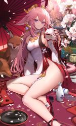 Rule 34 | 1girl, absurdres, animal, animal ears, bare legs, bare shoulders, breasts, cherry blossoms, closed mouth, detached sleeves, earrings, fox, fox ears, fox mask, genshin impact, headdress, highres, holding, hukahire0120, jewelry, long hair, long sleeves, looking at viewer, mask, medium breasts, mitsudomoe (shape), no panties, oil-paper umbrella, petals, pink hair, purple eyes, shirt, sideboob, sitting, smile, solo, thighs, tomoe (symbol), umbrella, very long hair, vision (genshin impact), white shirt, wide sleeves, yae miko, yokozuwari