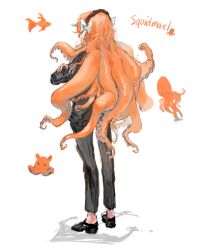 Rule 34 | 1girl, black jacket, black pants, bow, brown hairband, crossed arms, facing away, full body, hair bow, hairband, ishmael (project moon), jacket, limbus company, long hair, octopus, orange hair, pants, project moon, rope, schtiglez, simple background, solo, squid, tentacle hair, umbrella octopus, very long hair, white background, white bow