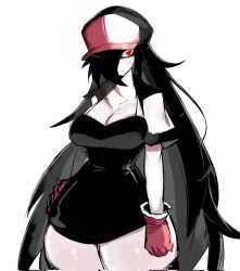 Rule 34 | baseball cap, black dress, black hair, breasts, cleavage, dress, friday night funkin&#039;, genderswap, genderswap (mtf), gloves, hat, highres, large breasts, long hair, looking at viewer, one eye covered, red eyes, steven (pokemon strangled red), thick thighs, thighhighs, thighs, usa37107692, very long hair, wide hips, zettai ryouiki
