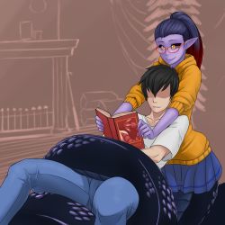 Rule 34 | 1boy, 1girl, apophis (monster girl encyclopedia), bespectacled, black hair, black sclera, book, cameo, casual, colored sclera, colored skin, couple, faceless, faceless male, glasses, gradient hair, hetero, lamia, less, long hair, manticore (monster girl encyclopedia), monster girl, monster girl encyclopedia, multicolored hair, open book, pointy ears, ponytail, purple skin, reading, red-framed eyewear, red hair, scales, shaded face, shirt, short hair, skirt, slit pupils, smile, sweater, t-shirt, tail, tail wrap, yellow eyes