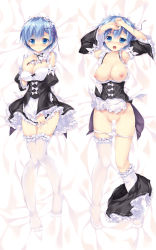 Rule 34 | 10s, 1girl, bad id, bad pixiv id, bed sheet, blue eyes, blue hair, breasts, censored, cleavage, covering privates, covering crotch, dakimakura (medium), detached sleeves, dress, full body, hair ornament, hair ribbon, hand on own chest, hands on own head, highres, looking at viewer, lying, maid, maid headdress, mikeou, multiple views, nipples, no shoes, on back, panties, panty pull, re:zero kara hajimeru isekai seikatsu, rem (re:zero), ribbon, short hair, underwear, white legwear, white panties, x hair ornament