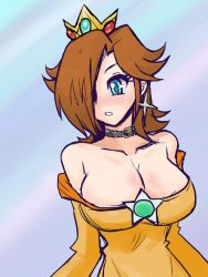Rule 34 | 1girl, artist request, bare shoulders, blue eyes, blush, breasts, brown hair, cleavage, collar, cosplay, female focus, large breasts, mario (series), nintendo, parted lips, rosalina, solo, super mario bros. 1