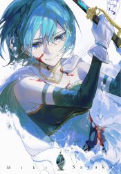 Rule 34 | 1girl, air bubble, artist name, blood, blood on clothes, blood on face, blue eyes, blue hair, bodice, bubble, cape, character name, collared cape, crying, crying with eyes open, detached sleeves, fortissimo, gloves, hair between eyes, hair ornament, highres, holding, holding sword, holding weapon, kureno (kumart), looking down, mahou shoujo madoka magica, mahou shoujo madoka magica (anime), miki sayaka, musical note, musical note hair ornament, red pupils, sad smile, sheet music, short hair, signature, smile, solo, soul gem, sword, tears, upper body, weapon, white background, white cape, white gloves
