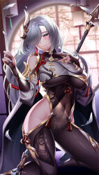 Rule 34 | 1girl, absurdres, backlighting, black gloves, blue eyes, blush, bodysuit, braid, breasts, brown bodysuit, calamity queller (genshin impact), closed mouth, clothing cutout, covered navel, elbow gloves, genshin impact, gloves, gold trim, hair ornament, hair over one eye, highres, hip vent, kneeling, large breasts, long hair, long sleeves, looking at viewer, low-braided long hair, low-tied long hair, partially fingerless gloves, polearm, puffy long sleeves, puffy sleeves, shenhe (genshin impact), shoulder cutout, smile, solo, spear, tabard, tassel, thighs, variant set, very long hair, weapon, white hair, yuuzuki hijiri