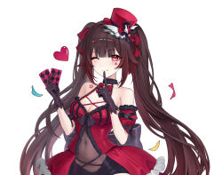 Rule 34 | 1girl, ;), absurdres, bare shoulders, bell, black choker, black gloves, blunt bangs, bow, breasts, brown hair, card, chest tattoo, choker, cleavage, commentary request, covered navel, detached sleeves, dress, facial mark, gloves, hands up, hat, hat bow, heart, highres, holding, holding card, honkai: star rail, honkai (series), index finger raised, jingle bell, long hair, looking at viewer, medium breasts, official alternate costume, one eye closed, pink eyes, red dress, red hat, short sleeves, sicle, simple background, smile, sparkle (honkai: star rail), sparkle (it&#039;s showtime) (honkai: star rail), tattoo, top hat, upper body, very long hair, white background