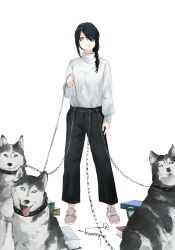 Rule 34 | 1girl, absurdres, black hair, black pants, braid, braided ponytail, chain, chain leash, chainsaw man, hair over one eye, hair over shoulder, highres, holding, holding leash, husky, kumah dessu, leash, leash belt, looking at viewer, medium hair, nayuta (chainsaw man), pants, ringed eyes, signature, simple background, sweater, sweater tucked in, white background, white sweater, yellow eyes