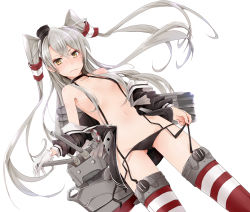 Rule 34 | 10s, 1girl, akatsuki hijiri, amatsukaze (kancolle), black panties, choker, clothes pull, collarbone, cowboy shot, dress, dutch angle, garter straps, gloves, gluteal fold, grey hair, hair tubes, headgear, kantai collection, long hair, looking at viewer, navel, off shoulder, panties, red thighhighs, rensouhou-kun, sailor dress, shirt pull, side-tie panties, simple background, single glove, solo, strap pull, striped clothes, striped thighhighs, thigh gap, thighhighs, topless, torpedo, two side up, underwear, underwear only, untied panties, wavy mouth, white background, white gloves, yellow eyes