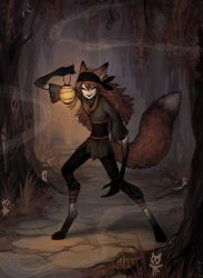 Rule 34 | 1other, absurdres, androgynous, animal ear fluff, animal ears, artist name, black headband, brown hair, commentary, creature, digitigrade, english commentary, closed eyes, facing viewer, forest, fox ears, fox tail, full body, grey tunic, headband, highres, holding, holding lantern, inei (matilda fiship), lantern, long hair, matilda fiship, nature, original, path, road, solo, tail, tree, tunic