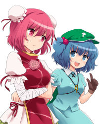 Rule 34 | 2girls, :d, bandages, blue eyes, blue hair, crossed arms, double bun, female focus, gloves, hair bobbles, hair bun, hair ornament, hat, ibaraki kasen, ica, kawashiro nitori, key, multiple girls, open mouth, pink eyes, pink hair, short hair, simple background, smile, tabard, touhou, twintails, two side up, white background