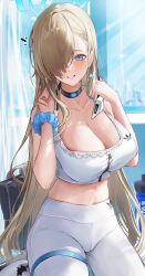 Rule 34 | 1girl, absurdres, alternate costume, asuna (blue archive), asymmetrical bangs, blue archive, blue halo, brand name imitation, breasts, cleavage, hair over one eye, halo, hands up, headphones, headphones around neck, highres, large breasts, light brown hair, looking at viewer, mole, mole on breast, nail polish, navel, pannko6216, pants, scrunchie, sitting, smile, sports bra, sportswear, sweat, white pants, white sports bra, wrist scrunchie, yoga pants