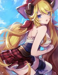 Rule 34 | 10s, 1girl, bad id, bad twitter id, blonde hair, blue eyes, blue sky, breasts, cloud, coyucom, day, draph, granblue fantasy, hair ornament, hair ribbon, hairclip, hallessena, highres, horns, large breasts, light particles, long hair, miniskirt, open mouth, plaid, plaid skirt, red ribbon, red skirt, ribbon, skirt, sky, solo, strapless, thighhighs, tube top, underboob, very long hair, white thighhighs