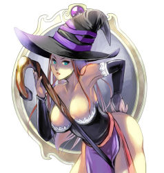 Rule 34 | 1girl, ass, bad id, bad pixiv id, bent over, blue eyes, breasts, brown hair, cleavage, detached sleeves, dragon&#039;s crown, dress, hand on own ass, hat, large breasts, long hair, looking at viewer, miso katsu, side slit, solo, sorceress (dragon&#039;s crown), staff, strapless, strapless dress, tongue, vanillaware, witch hat